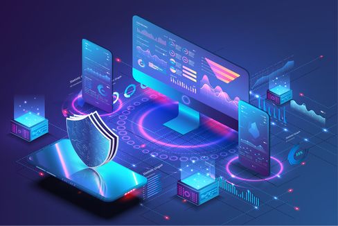 network-security-backup-solutions-1 Illustration of a blue and purple computer and device network with a shield in front for network security and backup solutions.